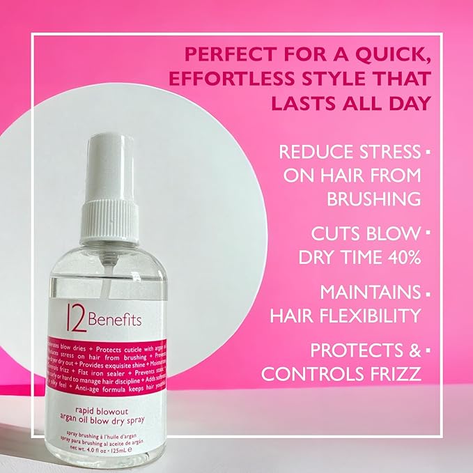 12 Benefits RAPID BLOWOUT ARGAN OIL SPRAY - Cut Blow Dry Time by 40% - Heat Protectant, Nourishes, Smooths Frizz, Adds Shine & Softens Damaged Hair, 4 Fl Oz