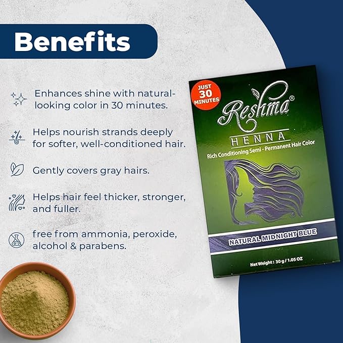 Reshma Beauty 30 Minute Henna Hair Color Infused with Organic Henna Lawsonia Inermis 100% Gray Coverage for Soft, Shiny Hair, Plant-Based Hair Dye—1.05 oz Pack of 1 (Midnight Blue)