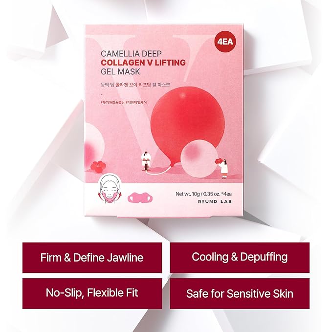 ROUND LAB Camellia Deep Collagen V Lifting Gel Mask 1ea | Double-chin Turkey Neck Instant Face Lifting Mask, Cooling and Depuffing Face Toning Belt, Firming Sagging Skin, Korean Skin Care, 10g/0.35oz