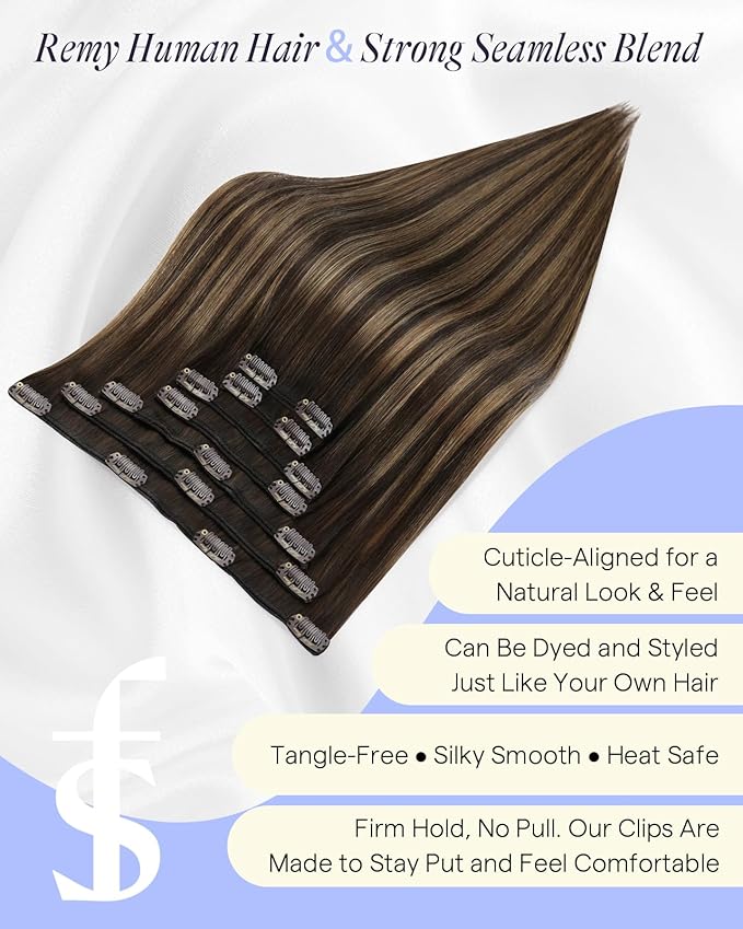 Full Shine Real Hair Extensions Clip in Human Hair 220 G Balayage Dark Brown Extensions Clip in Dark Brown to Ash Brown Real Hair Extensions for Volume for Full Head 24 Inch 7 Pcs