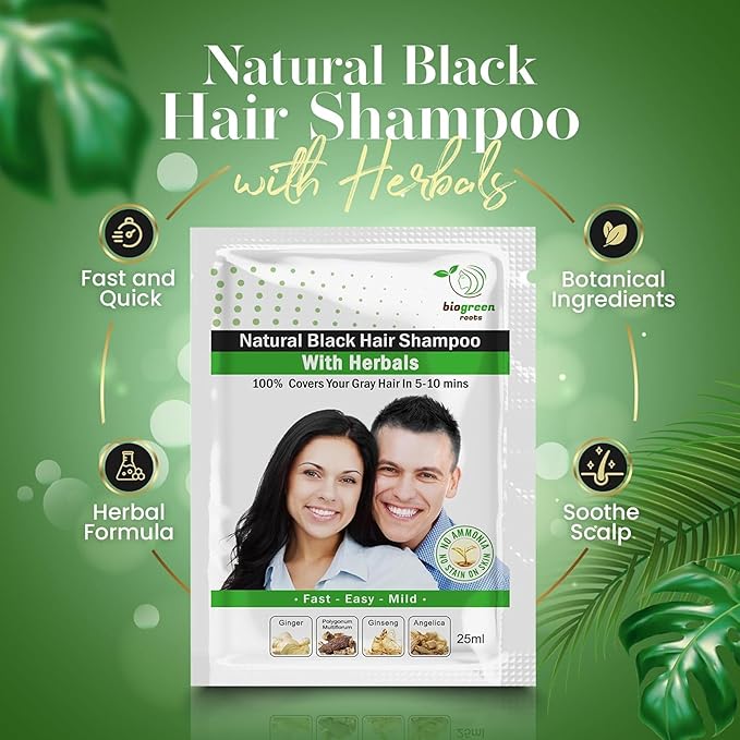 Ammonia-Free & Paraben Free Herbal Hair Shampoo - Hair Dye Shampoo for Women & Men - Natural Color & Herbal Nourishment - No Stain on Skin - Natural Black (100 sachets x 25 ml)