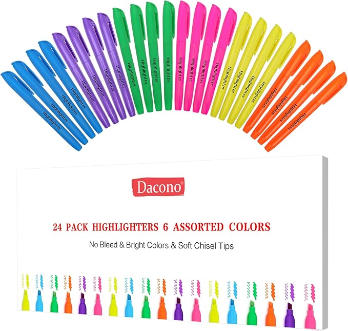 Highlighters Assorted Colors, Highlighters for School with Soft Chisel Tips, Bible Highlighter No Bleed, Quick-Drying Highlighter Markers for Teacher Students, Classroom Must Have, 24 Pack