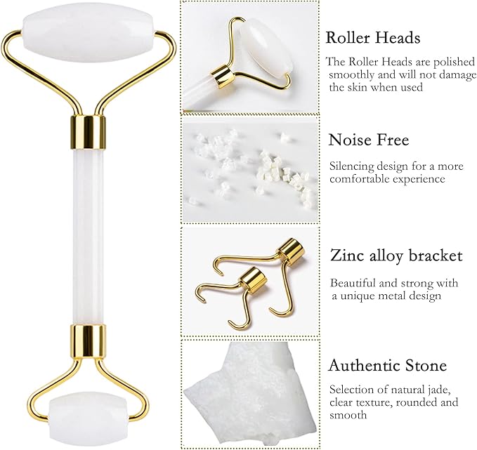 HOTACE Jade Roller Gua Sha Set Natural Jade Stone Roller for Face Beauty Facial Roller Massager Tools Face Slimming Lift Anti Wrinkle Skin Care Tools-White Jade