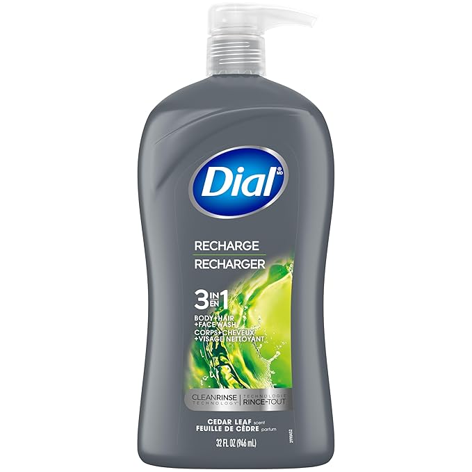 Dial Men 3 in 1 Body, Hair and Face Wash, Recharge, 32 Fl Oz, Cedar Leaf Scent, Cleanses Deep + Gentle on Skin with Clean Rinse Technology