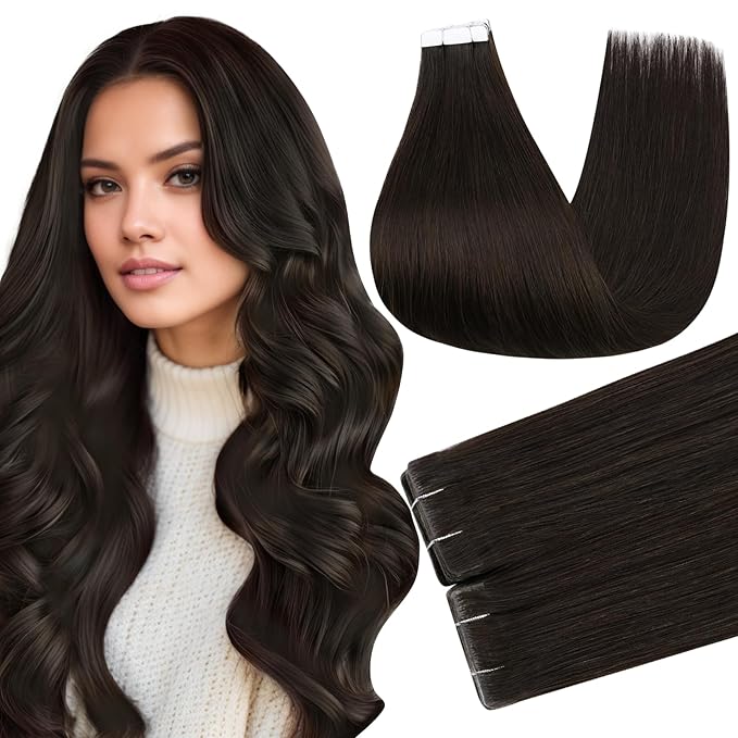 Full Shine Injection Tape in Hair Extensions Color 2 Dark Brown Tape in Extensions Human Hair Remy Seamless Skin Weft Injected Extension for Women 14Inch 40Gram Natural Straight 20Pcs