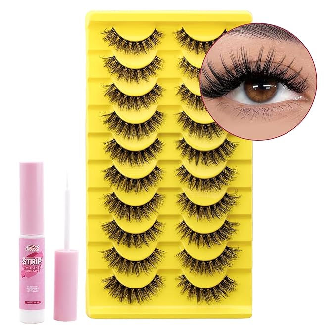FADVAN Mink Lashes Natural Fluffy False Eyelashes 3D Volume Wispy Lashes Cateye Medium Length fake eyelashes with Clear Lash Glue Pestañas Postizas Naturales 10 Pairs-Lz201