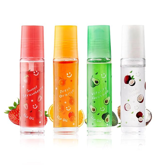 4Pcs Roll On Lip Gloss Set,Moisturizing Lip Oil Set,Fruit Flavored Jelly Lipgloss,Plumping Lip Gloss Kit,Non-sticky Liquid Clear Jelly Lipstick,Long Lasting Hydrating Lip Set for Women