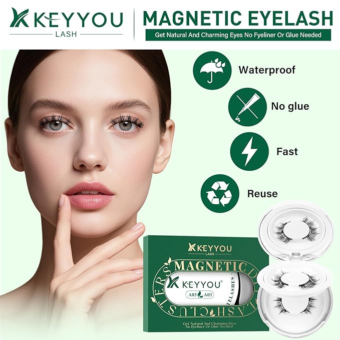 KEYYOU Daily Wear Reusable Magnetic Eyelashes 2 Pair with Applicator No Glue Needed 3D Natural Magnetic Lashes, Easy to Apply & Long Lasting for Daily Use & Events(A03+A03)