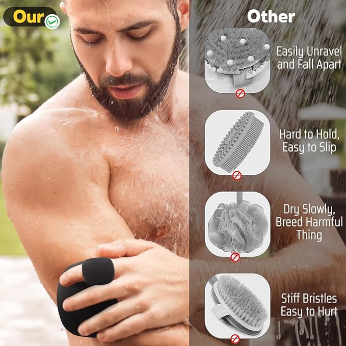 Silicone Body Scrubber, Silicone Loofah New Upgrade Richer Foam and Effective Cleaning, Ergonomic No-Slip Handle, Long-Lasting & Easy to Clean