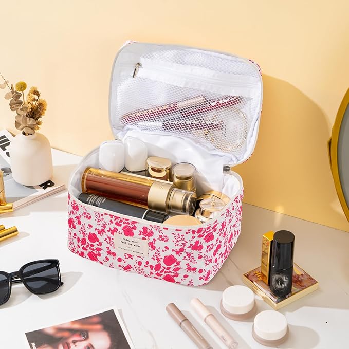 Makeup Bag for Women Quilted Corduroy Make Up Bag Travel Cosmetic Bag Large Makeup Bag Cute Makeup Bags Organizer Floral Toiletry Bag Makeup Pouch for Purse, Rose Floral-1PCS