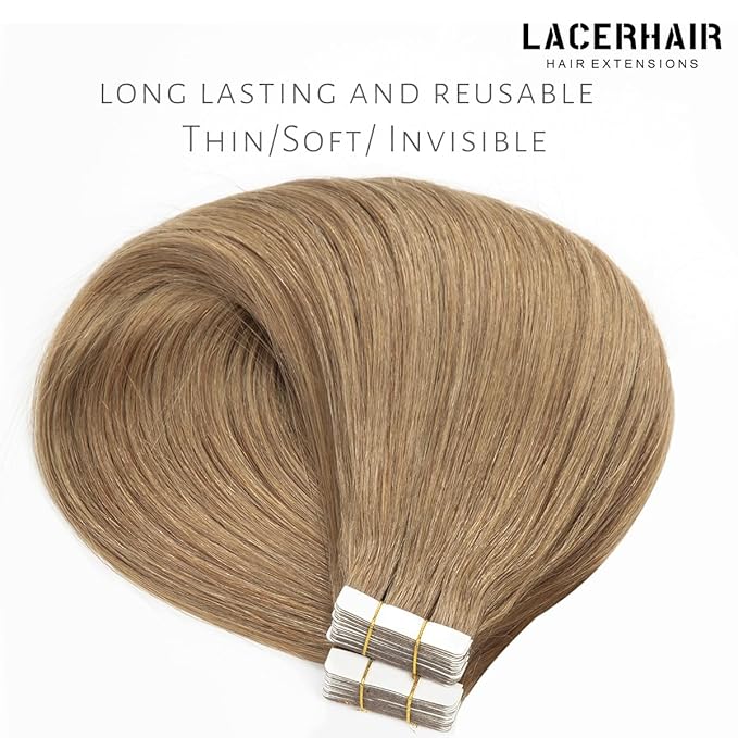 Lacer Tape In Hair Extensions Human Hair - Remy Human Hair Extensions Tape in for Women - 20 Pieces 50 Grams 10 Gold Brown, 22 Inch