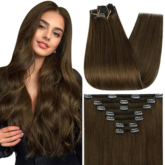 Full Shine Hair Extensions Real Human Hair Clip ins Medium Brown Real Hair Extensions Clip in Human Hair Triple Weft Invisible Clip in Extensions Straight Remy Hair 7 Pcs 120 G 24 Inch