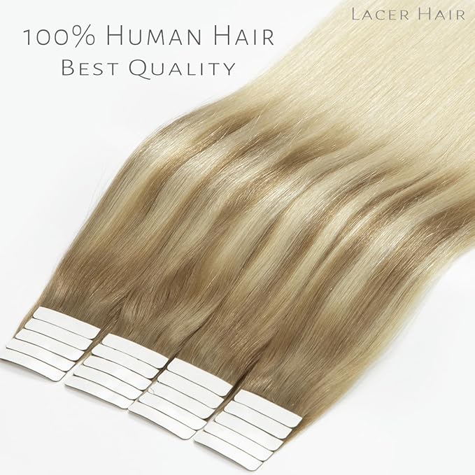 Lacerhair Natural Hair Remy Tape in Human Hair Extensions Dip Dyed Balayage #8/60 Light Brown to Platinum blonde Seamless PU Skin Weft 100% Real Virgin Invisible Hair Double Side 50g 20pcs/set 18 inch