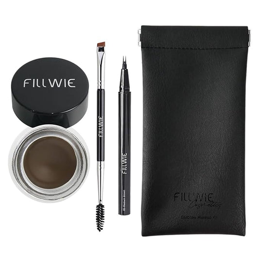 Eyebrow Pomade Kit, Microblading 2 Tip Liquid Eyebrow Pen, Eye brow Kit with Angled Spoolie Brush and PU Pouch for Travel (Medium Brown)