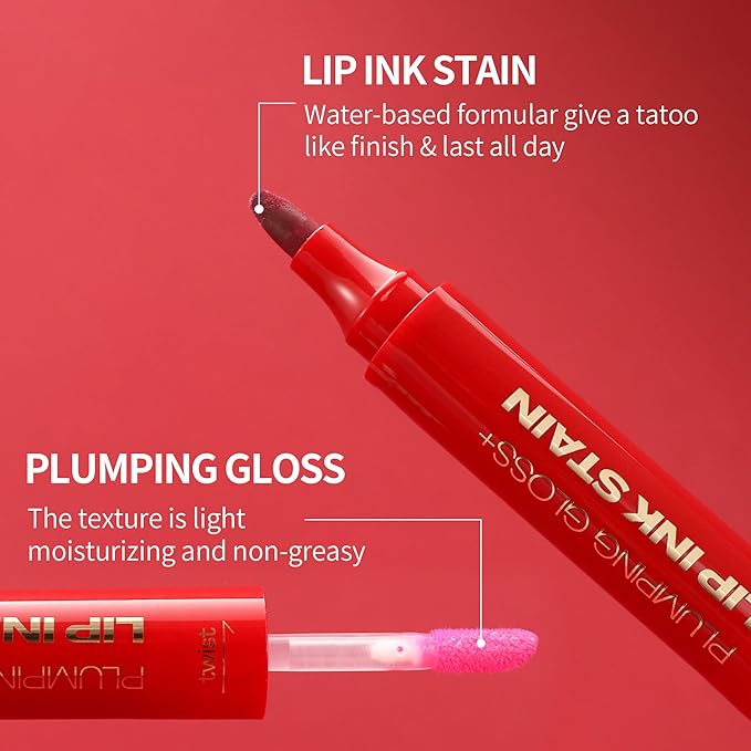 Rose Pink Dual-Ended Liquid Watercolor Lip Liner & Hydrating Tinted Lip Oil, Highly Pigmented Long Lasting Lip marker pen, Smudge Proof Natural Finish, Precise Chisel Tip Marker 03#