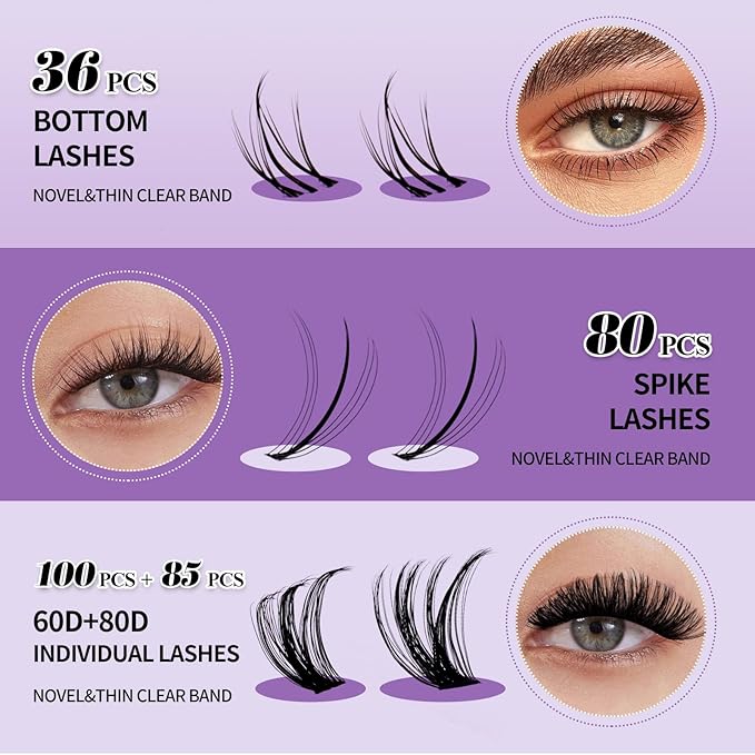 Lash Clusters Kit With Bottom Lashes 60/80/100/200D DIY Lash Extension Kit 12-18mm Multi-types Individual Lashes Bond and Seal, Spike, Volume Lashes Kit Lash Applicator(60/80 Kit)
