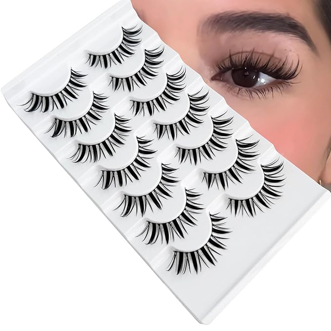 NINGLASH Fairy Lashes Manga Lash False Eyelashes Natural Look Anime Lashes Fake Lashes 16mm Eye Lashes Strips Lashes Wispy False Lashes Clear Band 7 Pairs Pack Spikes Lash