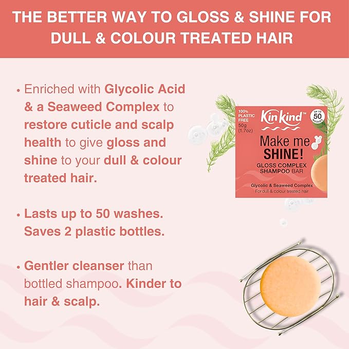 KinKind Shine Gloss Complex Shampoo Bar - Glycolic Acid & Seaweed Shampoo - For Colour-Treated & Dull Hair - UK Made - Up to 50 Washes - Vegan & Cruelty-Free