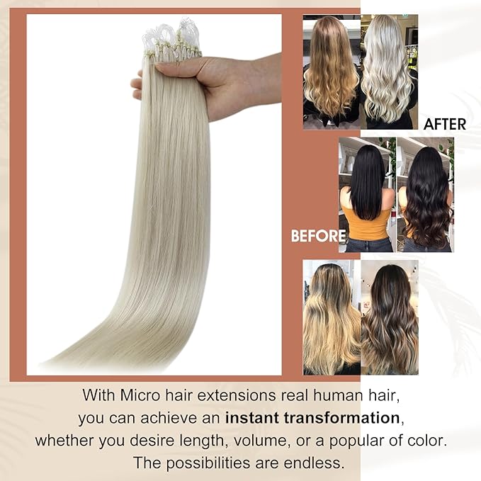 Full Shine Micro Loop Hair Extensions Real Human Hair Ice Blonde Soft Natural Human Hair 14 Inch Microlink Hair Extensions 50 Grams Cold Fusion Extensions for Women