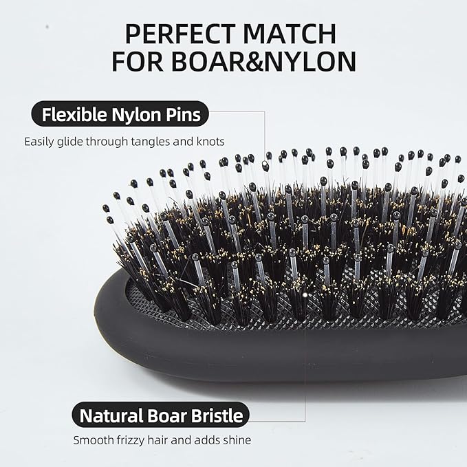 Boar Bristles Hair Brush for Women Men and Kids, Detangling Hair Brush for Smoothing Massage Add Shine, Nylon&Boar Bristles brush for Hair Healthy, Easy to Storage(Black)