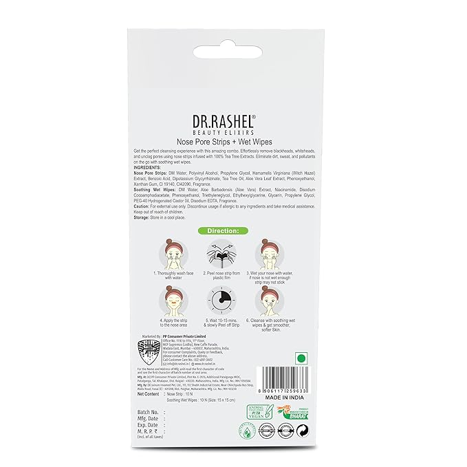 DR.RASHEL Tea Tree Nose Pore Strips For Pore Cleansing, Instant And Painless Blackheads Removal | Deep Purifying Blackhead Remover Strips for Nose | 20 PCS (10 Strips & 10 Wipes)