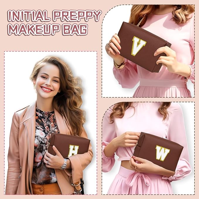 TOPEAST Initial Cosmetic Bag, PU Leather Waterproof Travel Toiletry Bag, Monogrammed Gifts for Women, Personalized Birthday Gift for Sister Friends, Cute Stuff for Girls (Brown K)