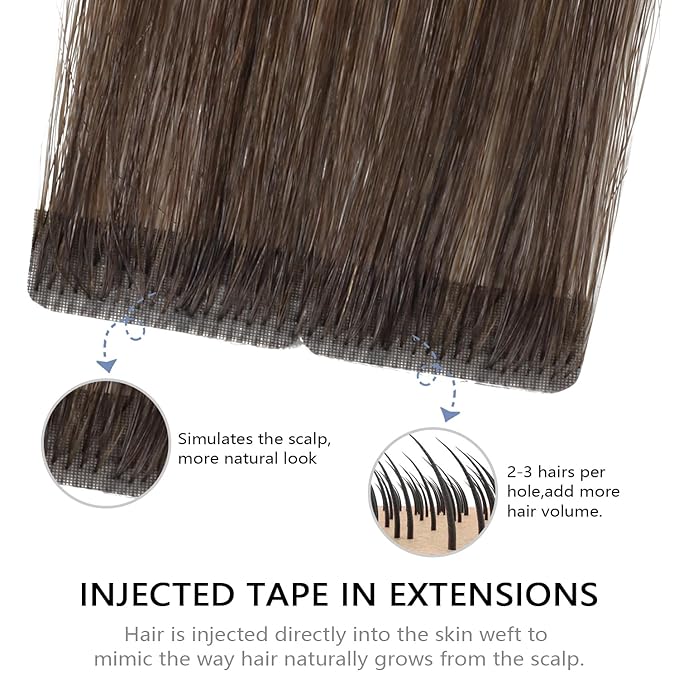 COOKAYU Invisible Tape in Hair Extensions, Balayage Dark Brown to Dirty Blonde 14Inch 20pcs 30g/pack Straight Real Human Hair Invisible Injected Tape in Extensions