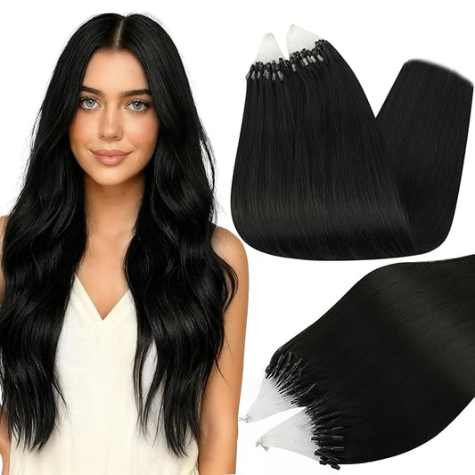Full Shine Micro Bead Hair Extensions Human Hair 16 Inch 50 Grams Black Microlink Hair Extensions Real Human Hair for Women Prebonded Extensions Soft Human Hair