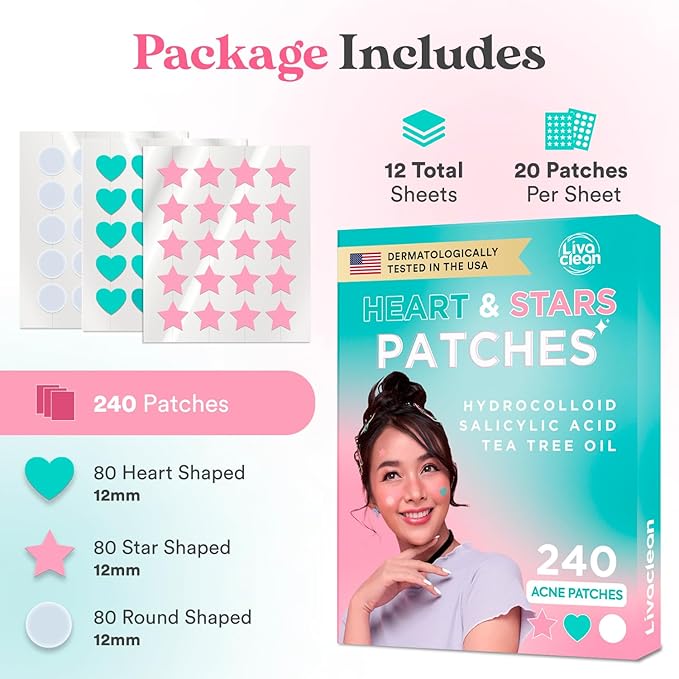 LivaClean 240 CT Heart & Star Pimple Patch w/Salicylic Acid & Tea Tree Oil, Pimples Patches, Pimple Patches Heart, Hydrocolloid Cute, Zit Patch, Cute Acne