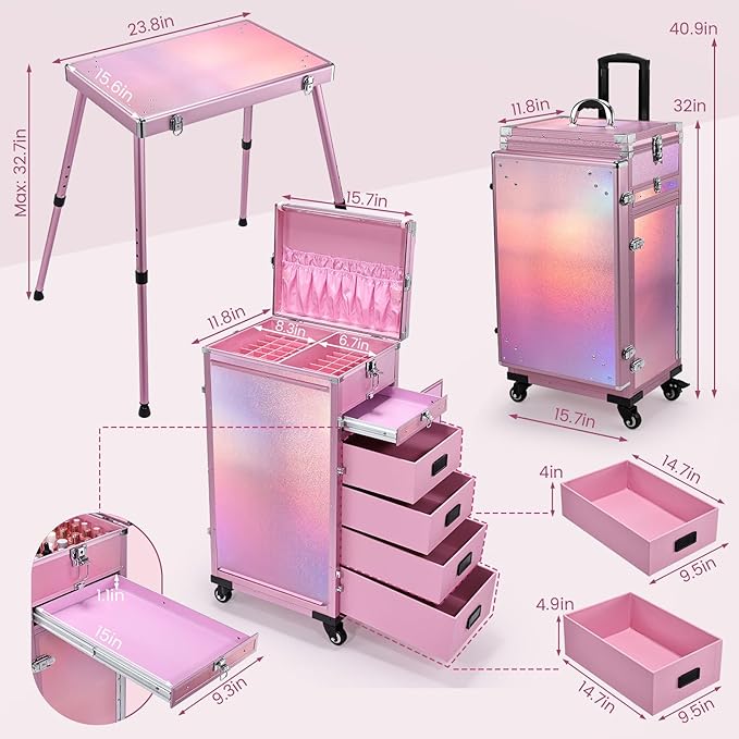Joligrace Rolling Manicure Table 5 Drawers Foldable Nail Desk Cosmetology Case on Wheels Makeup Case with Brush Pouch for Technician Workstation Mobile Makeup Artist Trolley, Shiny Pink