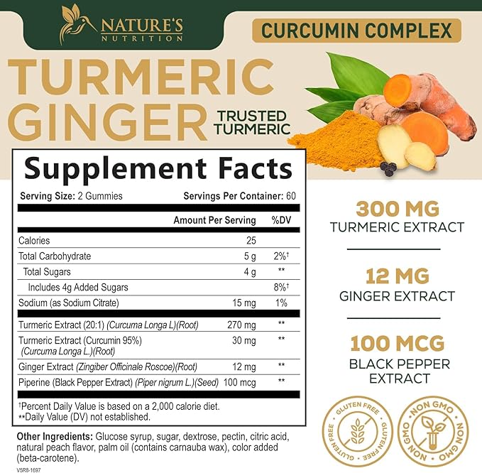 Turmeric Curcumin Supplement Gummies - 95% Curcuminoids with Turmeric & Ginger, Black Pepper for Best Absorption, Nature's Vegan Joint Support, Non-GMO, Gluten Free, Tasty Peach Flavor - 120 Gummies