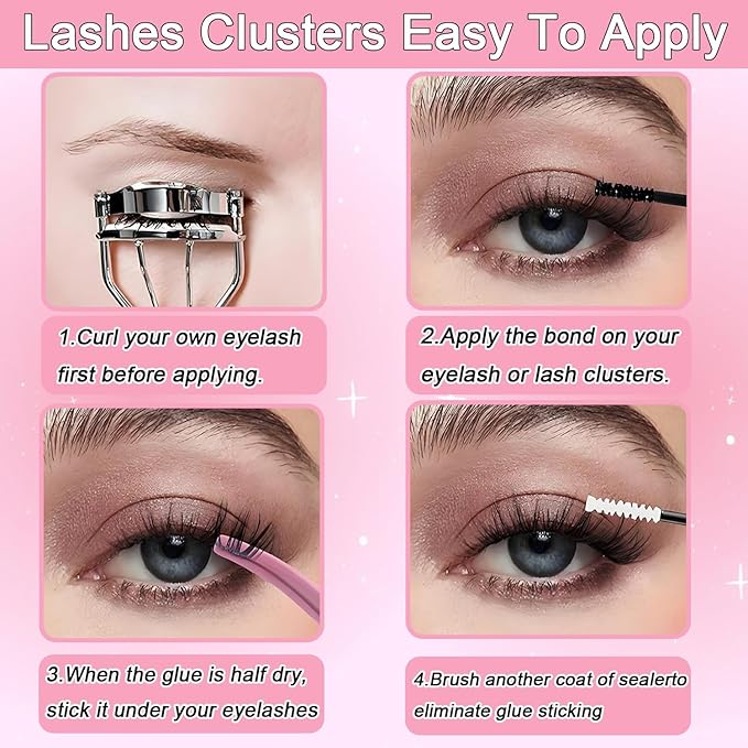 Lash Clusters Kit: Eyelash Clusters Individual Lash Extension Kit 480 Pcs D Curl Fluffy Wispy False Eyelashes Extensions Thin Band with Bond Seal Tweezers Brush (SMY11-KIT)