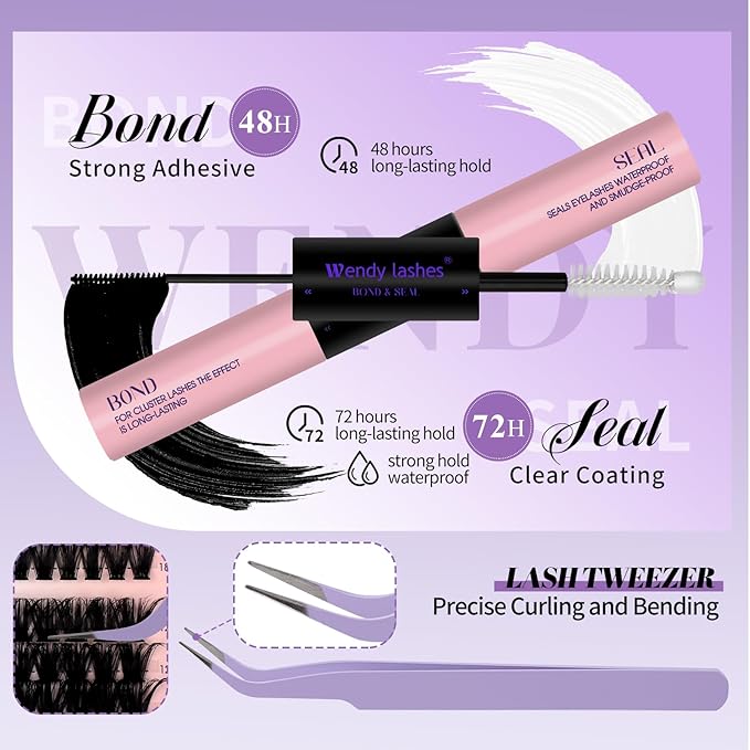 Lash Clusters Kit With Bottom Lashes 60/80/100/200D DIY Lash Extension Kit 12-18mm Multi-types Individual Lashes Bond and Seal, Spike, Volume Lashes Kit Lash Applicator(60/80 Kit)