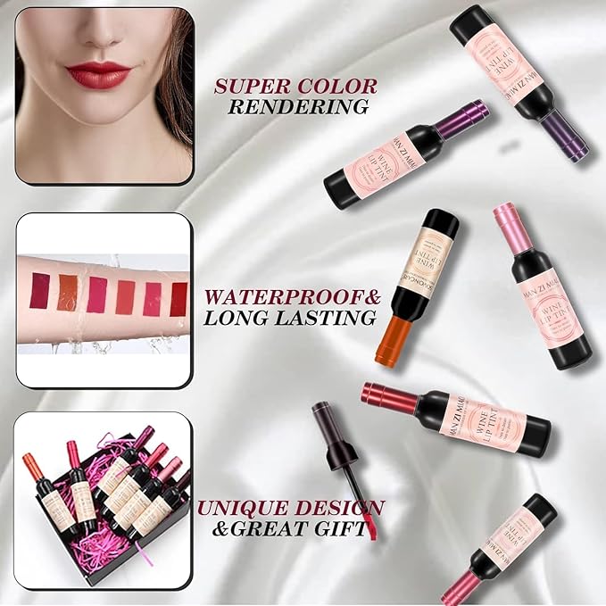 Wine Lip Tint 6 Colors Bottle Lip Gloss Set Matte & Glossy Finish Lipstick Lip Gloss Moisturizing Long-Lasting Wine Lipstick Collection Non-Sticky Hydrating Lip Makeup Kit for Women Gift Idea