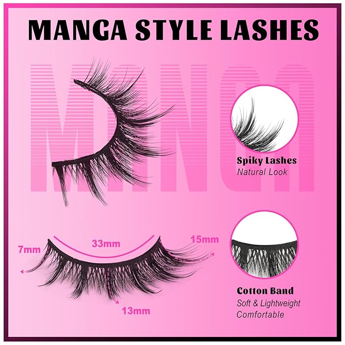 Veleasha Lashes Kit Manga Eyelashes Cat Eye Lashes Spiky Eyelash C Curl with Lash Glue & Tweezers Lash Wispy Natural Look False Eyelashes with Soft Cotton Band 7 Pairs Pack (Sunny Kit)