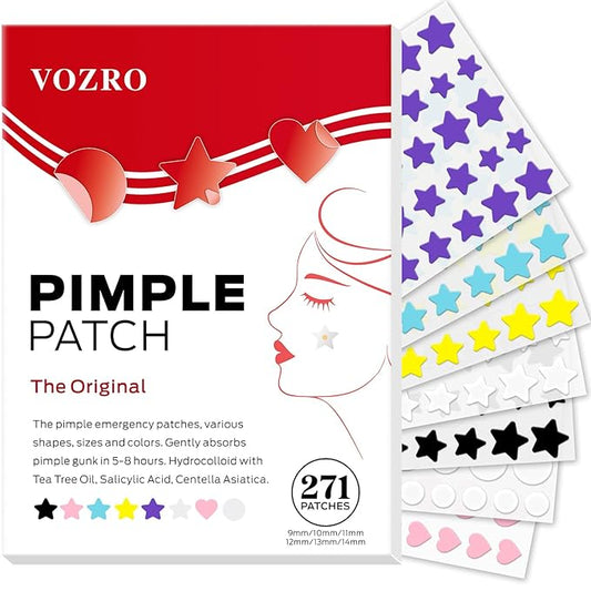 Pimple Patches for Face, Cute Pimple Patches Stars, Colorful Hydrocolloid Acne 271Patches 6 Sizes with Salicylic Acid, Tea Tree & Centella Oil (Round,Star,Peach Shapes)