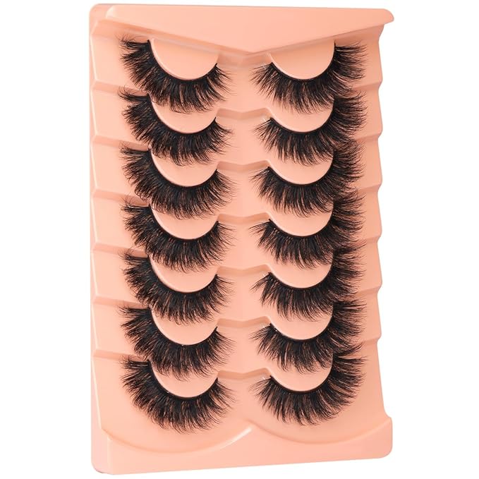 Kiromiro Mink Lashes False Eyelashes 18mm 3D Volume Cat Eye Lashes Faux Mink Eyelash Wispy Fake Eyelashes Thick Strips Lash Pack, 7 Pairs