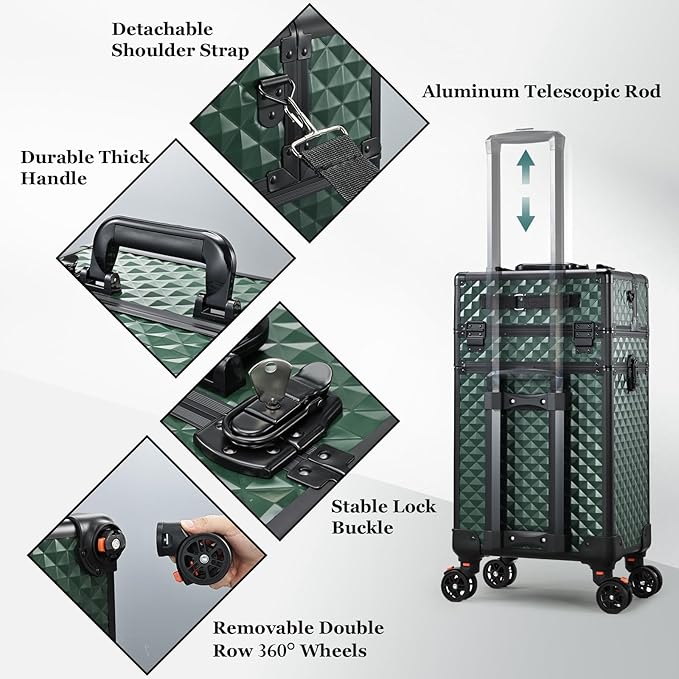 Joligrace Rolling Makeup Case with Wheels & Drawers Large Professional Cosmetology Trolley Case Travel Cosmetic Storage Train Cases for Nail Technicians, Makeup Artist and Hairstylist Dark Green