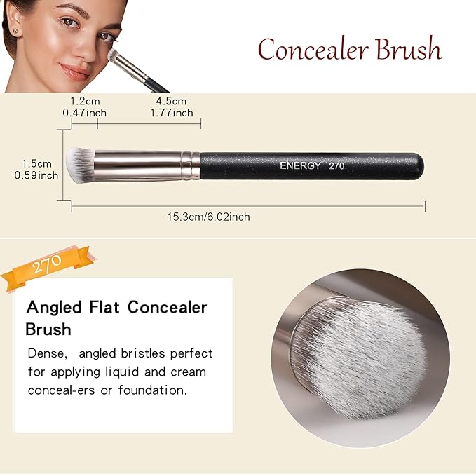 ENERGY Makeup Brush Set Professional 3pcs Foundation Concealer Detail Brushes Soft Synthetic Bristles Vegan Face Makeup Brushes for Liquid Cream Powder Flawless Blending Buffing with Travel Case