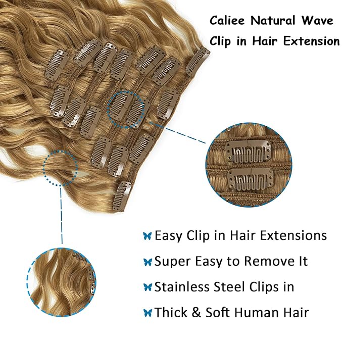 Caliee 20Inch Full Head Curly Clip in Hair Extension Strawberry Blonde Natural Wave Remy Human Hair for Black Women Wavy Curly Hair Extensions Clip Ins Double Weft #27 7Pcs 17Clips 120G/Pack