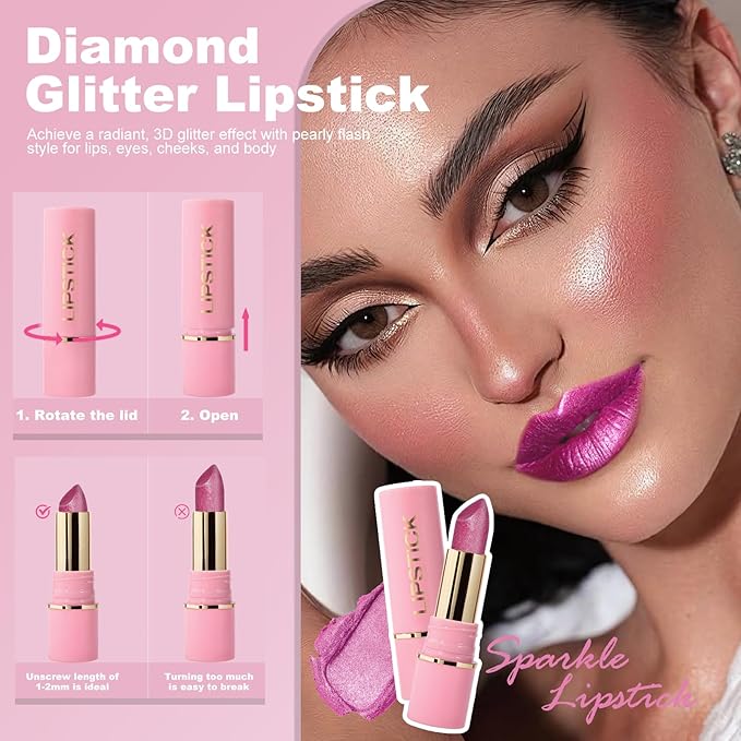 Metallic Lipstick Glitter Lip Stick Long Lasting Waterproof Shine Lip Crayon without Drying or Fading Sparkling High Pigmented Lip Stain Transfer-proof Wear Full Coverage Makeup for Women, 5