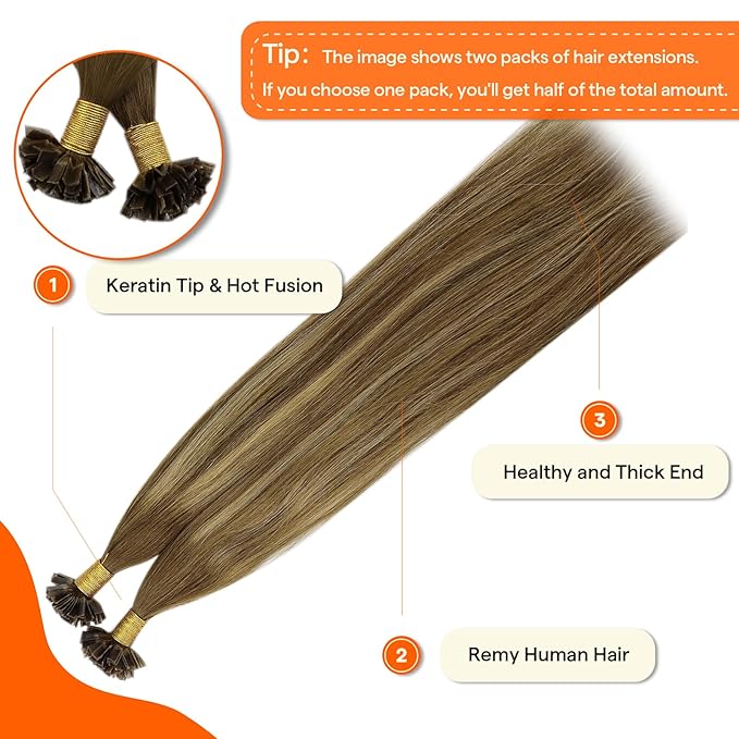 Full Shine Ktip Human Hair Extensions Medium Brown and Honey Blonde 14 Inch 50 Grams K Tip Hair Extensions Real Human Hair Prebonded Keratin Extensions Remy Hair