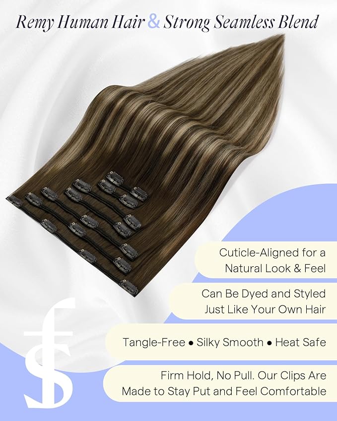 Full Shine Human Hair Clip in Extensions Brown Hair Extensions Clip ins 18 Inch 135 G Medium Brown Balayage Honey Blonde Invisible Hair Extensions for Women 7 Pcs