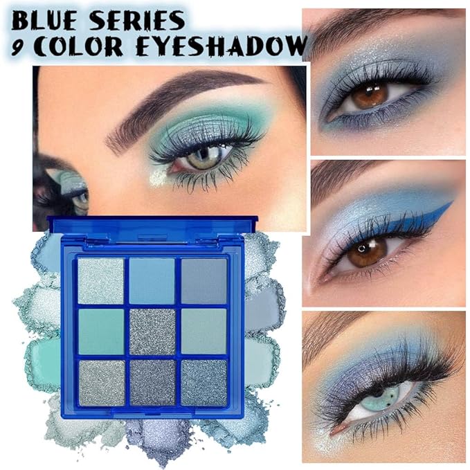 evpct 9 Colors Blue Glitter Eyeshadow Palette, Glitter Dark Light Royal Cobalt Baby Sky Navy Blue Metallic Shimmer Sparkly Eye Shadow Palette Makeup for Older Women Eyes, Highly Pigmented Eyeshadow