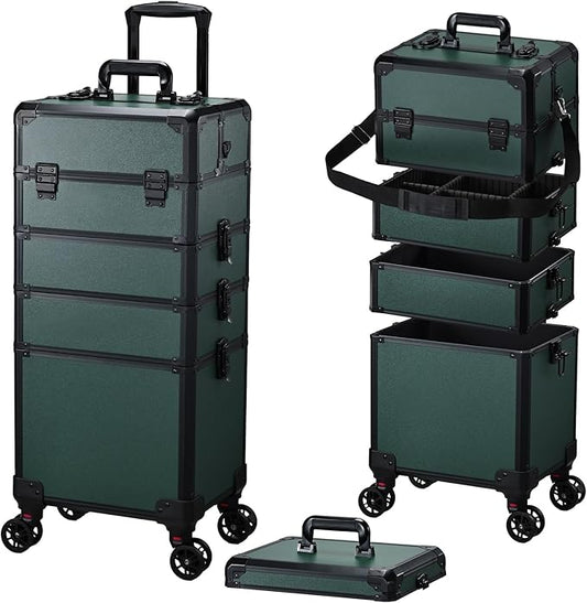 FRENESSA Rolling Makeup Train Case Cosmetology Case on Wheels 5 in 1 Makeup Case with Lid Rolling Large Make Up Organizer for Artist Barber Salon Nail Teach Kits Professional Cosmetic Box Dark Green