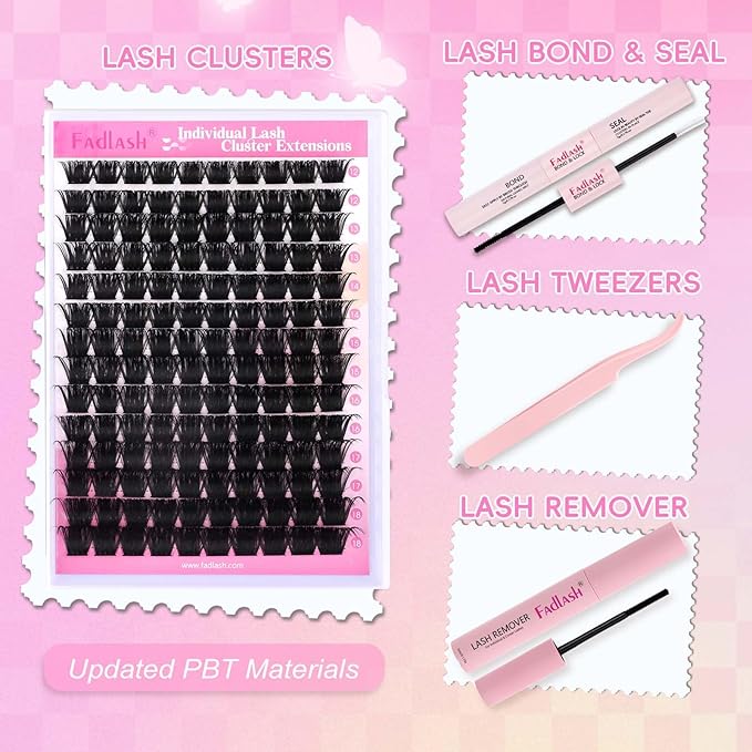 FADLASH DIY Lash Extension Kit Individual Lashes Cluster D Curl Eyelash Extension Kit D Curl Lash Clusters Lash Applicator Tool for Self Application at Home(KIT 200D-D-12-18mm)