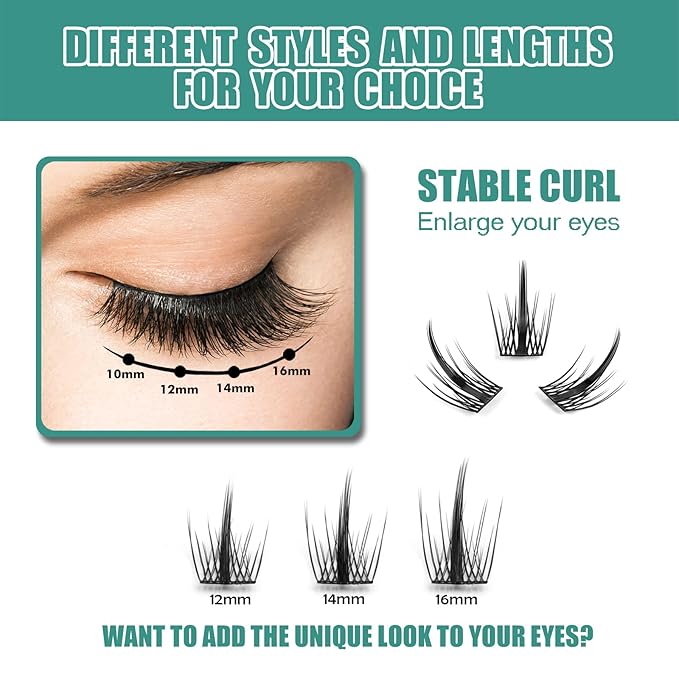 DIY Eyelash Extension, 3D Effect Glue Bonded Band Individual Lash 48 Clusters Volume Lashes Set, Home Eyelash Extension, C curl Lashes Pack 16MM-Spikes-48 Clusters