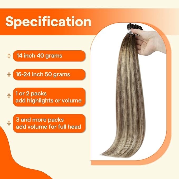 Full Shine U Tip Hair Extensions Human Hair Color 3 Medium Brown Ombre to 8 Ash Brown and 22 Honey Blonde 16 Inch 50 Grams K Tip Hair Extensions ReaL Human Hair for Women add Volume