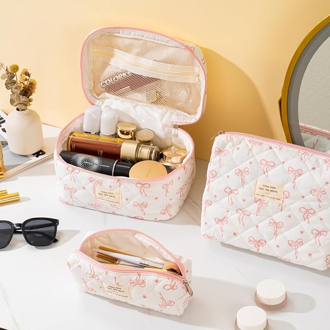 Makeup Bag for Women 3PCS Quilted Cotton Make Up Bag Travel Cosmetic Bag Large Makeup Bag Set Cute Bow Organizer Floral Toiletry Pouch for Purse, Bow B