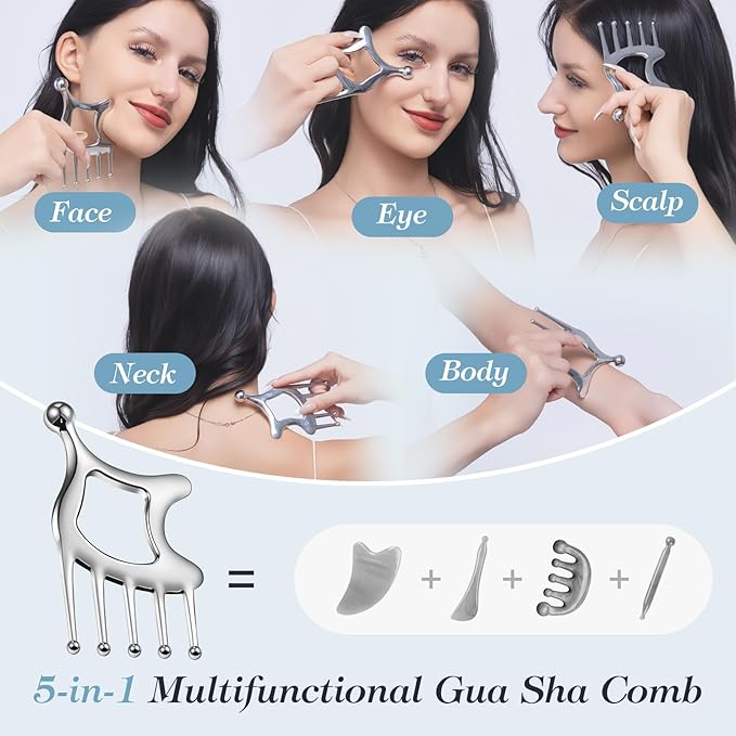 Gua Sha Tool with Handle,5in1 Scalp Massage Tool for Head&face&Body,Protable Scalp Massage Comb Guasha Tool for Deep Relaxation and Relieving Fatigue & Pain,Scalp Massager Trigger Point Tool for SPA
